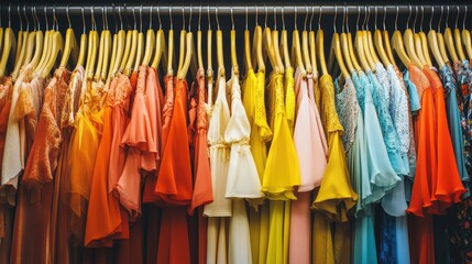 A modern wardrobe filled with neatly hung dresses and folded clothes.