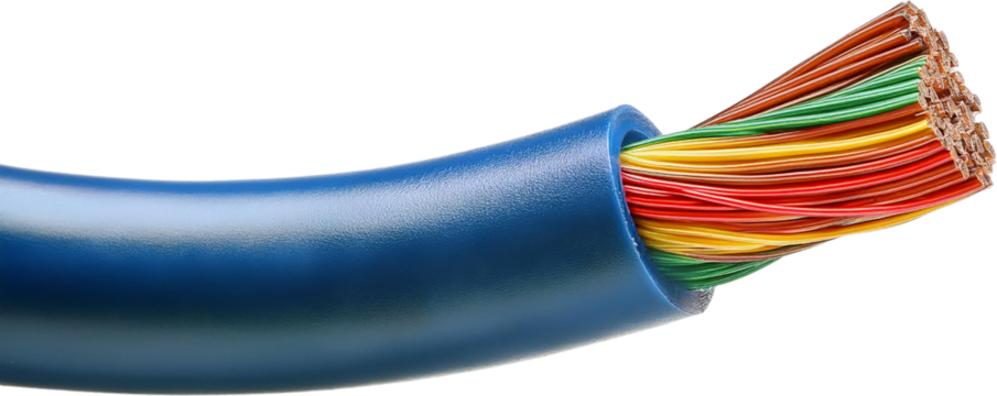 Close up of Colorful Multicore Cable Wires in Blue Sheath Electrical Wiring Technology Industrial