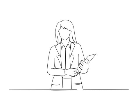 Continuous one line drawing of female doctor holding patient document. Doctor with uniform in single line draw illustration. Editable stroke.