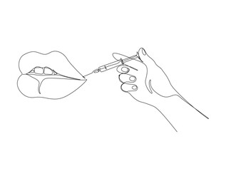 Continuous one line drawing of hand holds syringe -lips injection. Beauty care concept in single line draw illustration. Editable stroke.