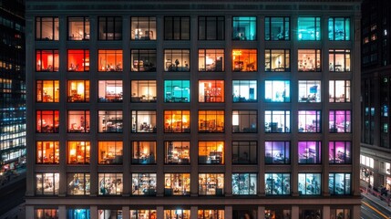 A nighttime cityscape with brightly lit windows and neon streetlights.