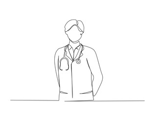 Continuous one line drawing of male doctor with stethoscope. doctor with uniform in single line draw illustration. Editable stroke.