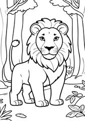 simple black lineart illustration of a lion in the forest, coloring page animal ready for print