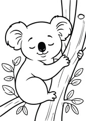 simple black lineart illustration of A sleepy koala hugging a tree branch with closed eyes, coloring page animal ready for print