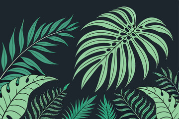 Tropical palm leaves, vibrant green foliage, black background, symmetrical composition, lush jungle fronds, botanical illustration, exotic flora, high contrast, nature border, detailed leaf textures, 
