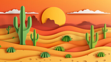 Colorful desert illustration with cacti, rolling hills, and sunset in a serene landscape