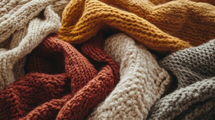 A pile of cozy knitted blankets with soft textures in natural colors.