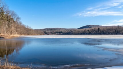 Fototapeta premium A perfectly frozen lake with mirror-like ice reflecting the sky and hills.