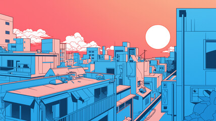 夕日と都市の風景イラスト。レトロポップな配色をイメージして作成された。アジアや日本の都会。懐かしい、ノスタルジーを感じる景色。