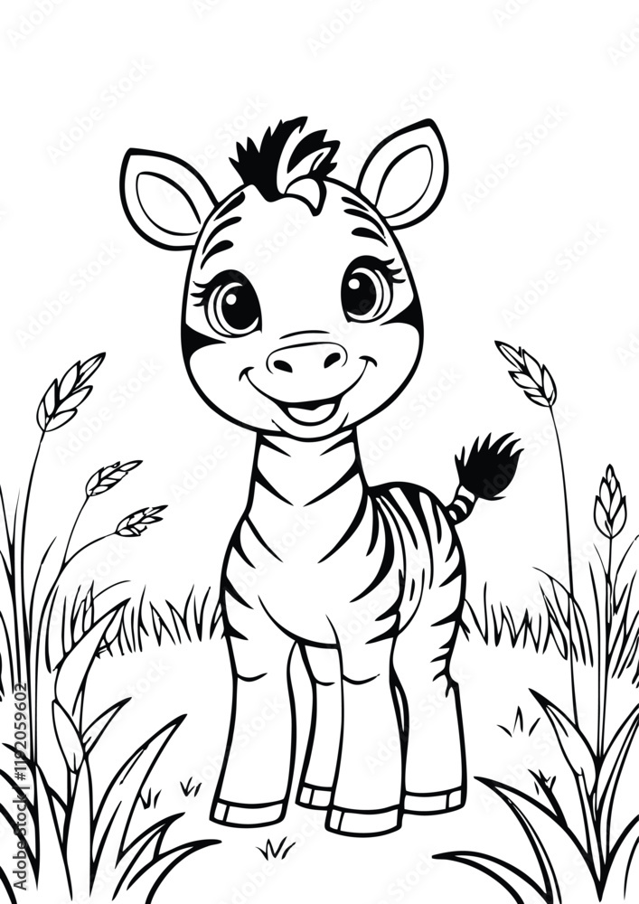 Fototapete simple black lineart illustration of a baby zebra standing in a field with tall grass and a big smil