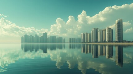 Fototapeta premium A reflection of a city skyline in calm water with symmetrical balance.