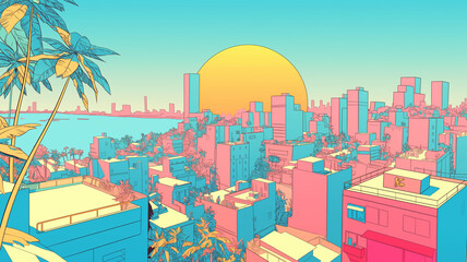 Obraz premium 夕日と都市のアニメのような風景イラスト。レトロポップな配色をイメージして作成された。アジアや日本の都会。懐かしい、ノスタルジーを感じる景色。