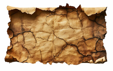 Fototapeta premium Aged parchment paper texture, isolated, crackled, burnt edges, white background, design element