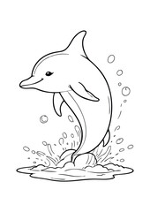 simple black lineart illustration of A smiling dolphin jumping out of the water with splashes around it, coloring page animal ready for print