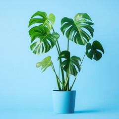 A vibrant monstera plant in a blue pot against a blue backdrop.