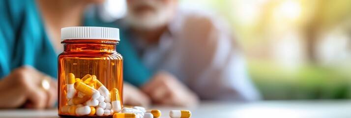 Medicine bottle with capsules in focus and elderly couple discussing healthcare in the background