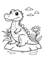simple black lineart illustration of A baby crocodile sitting by a riverbank, coloring page animal ready for print