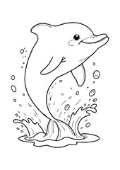 simple black lineart illustration of A smiling dolphin jumping out of the water with splashes around it, coloring page animal ready for print