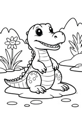 simple black lineart illustration of A baby crocodile sitting by a riverbank, coloring page animal ready for print