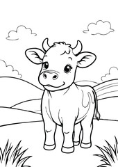 simple black lineart illustration of A little cow standing in a field, coloring page animal ready for print