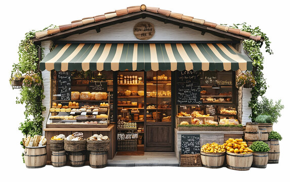 Rustic bakery storefront, village setting, sunny day