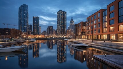 Obraz premium A scenic urban riverfront at twilight with shimmering reflections.
