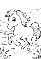 simple black lineart illustration of A small horse with a flowing mane, running in a grassy field, coloring page animal ready for print