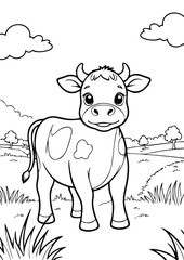 simple black lineart illustration of A little cow standing in a field, coloring page animal ready for print
