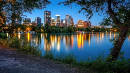 A serene city view with a riverfront reflecting the lights of urban buildings.