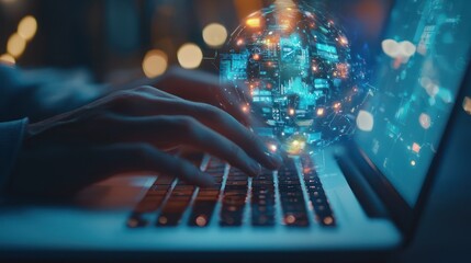 Human hand and AI robot interaction depicted with a glowing red light.