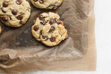 Large homemade chocolate chip cookies on a lined cookie tray, top view of bakery style chocolate chip cookies
