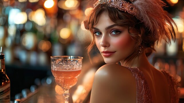 Woman in a 1920s flapper dress, enjoying a cocktail at a retro-style bar, with a feathered headband and a glamorous expression.