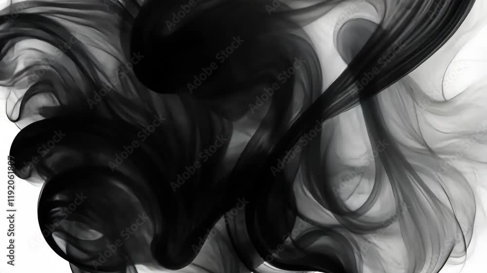 Poster fluid black smoke swirls elegantly, creating an abstract, dynamic visual with depth and contrast, su