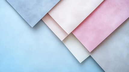 Pastel paper sheets arranged diagonally, light blue background, design element