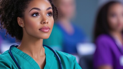 Fototapeta premium Value Based Healthcare Concept, Focused Medical Student Engaged in Learning About Healthcare Standards and Values in Classroom Setting