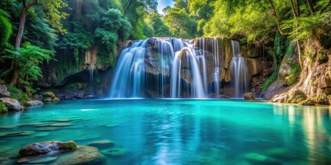 Tranquil waterfall cascading into crystal clear turquoise pool, tropical, serene, nature, scenic, water, flow, cascade