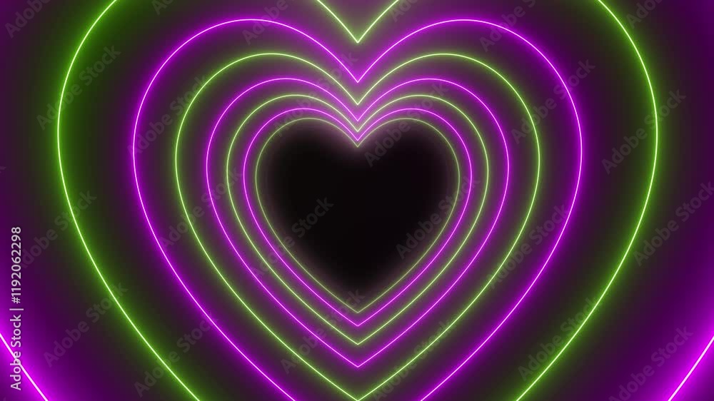 Poster video animation of many hearts in neon green and magenta on dark background - abstract background - 