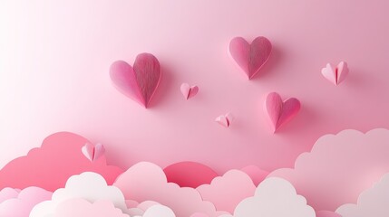 Romantic papercraft background, 3D layered pink clouds, origami heart decorations, modern love theme design, gradient pink color scheme, delicate paper art composition, soft depth lighting, minimal