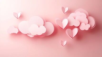 Romantic papercraft background, 3D layered pink clouds, origami heart decorations, modern love theme design, gradient pink color scheme, delicate paper art composition, soft depth lighting, minimal