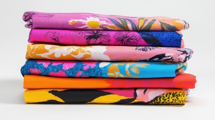 A stack of vibrant sarongs in floral and abstract patterns.