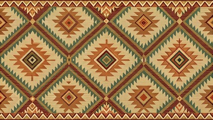 Seamless Native American tribal pattern in earthy tones on woven fabric, tribal, Native American, seamless, pattern