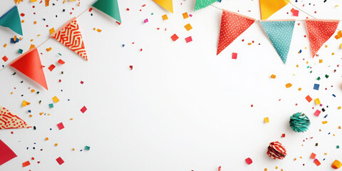 Colorful party decorations with confetti and vibrant bunting.