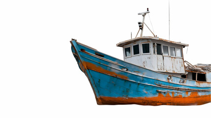 Obraz premium Rusty fishing boat, harbor, decay, isolated, white background, nautical design