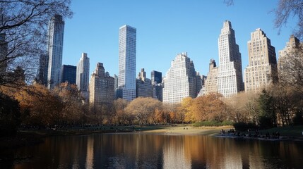 Obraz premium A tranquil city park with a backdrop of tall modern skyscrapers.