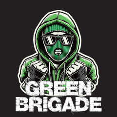 illustration vector graphic of Green Brigade Football fans ultras hooligan wear green jacket with green white scarf design for logo, t-shirt, etc
