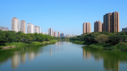 A tranquil river running alongside a modern city skyline.
