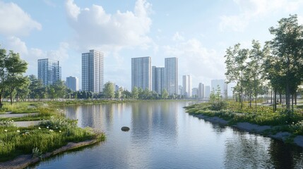 Fototapeta premium A tranquil river running alongside a modern city skyline.