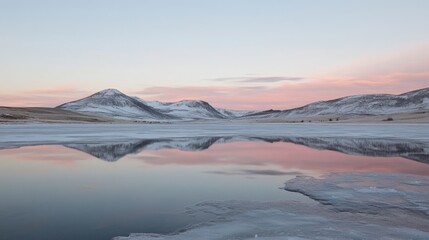 A tranquil view of a snow-dusted frozen lake reflecting the pale winter sky.