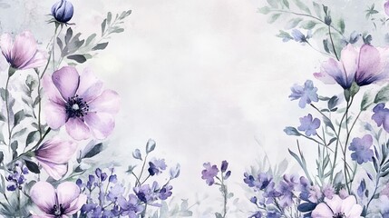 Obraz premium ethereal botanical frame, loose watercolor florals, airy wildflower arrangement, pastel purple and pink blooms, delicate blue buds, light green foliage, romantic garden illustration, soft transparent