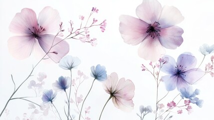 romantic wildflower composition, delicate watercolor technique, soft pastel color palette, flowing botanical elements, light purple and pink petals, gentle blue flower buds, whimsical floral wreath,